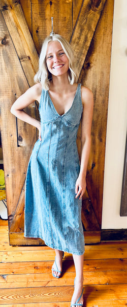 denim v neck dress women DENIM V-NECK MIDI DRESS for women in blue