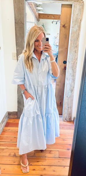 tiered poplin midi dress Loft Haven Well Within Organic Cotton Poplin Stripe Tiered Midi Dress Size XS Ivory Women's