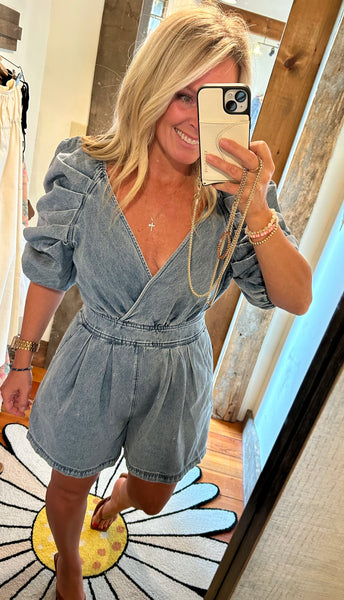 Denim Romper with Pleated Sleeves