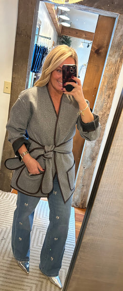 Contrast Trim Belted Coat