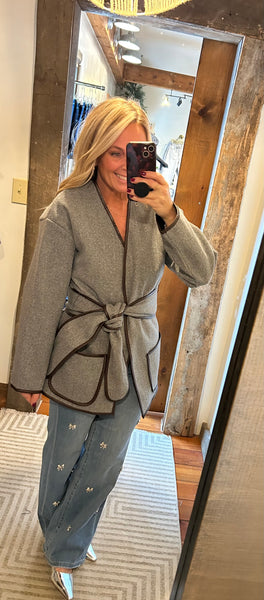 Contrast Trim Belted Coat