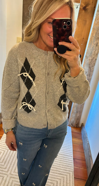 Diamond Print Bow Cardigan