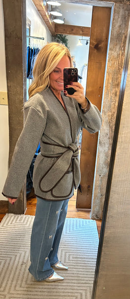 Contrast Trim Belted Coat