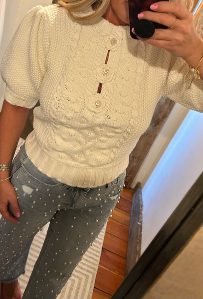 Puff Sleeve Cable Knit Sweater - The Green Shelf Boutique