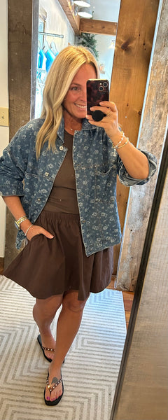 Floral Printed Denim Swing Jacket
