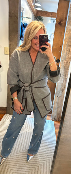 Contrast Trim Belted Coat