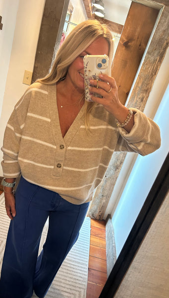 Oversized Deep V Neck Stripe Sweater