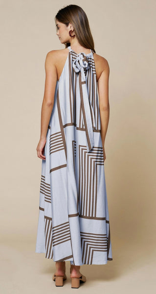 Geo Print Tie Detail Maxi Dress