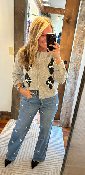 Diamond Print Bow Cardigan