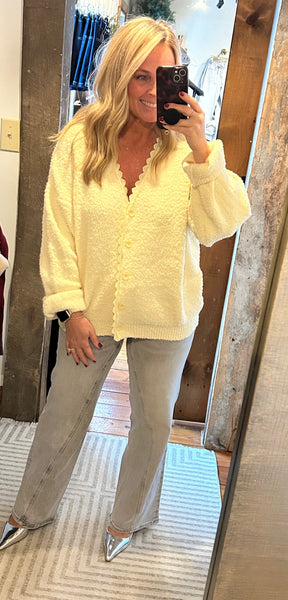 Scallop Trim Fluffy Knit Cardigan