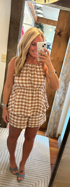 Gingham Peplum Tie Top
