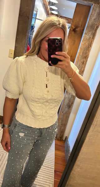 Puff Sleeve Cable Knit Sweater - The Green Shelf Boutique