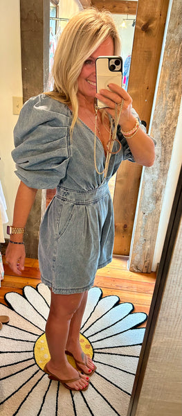 Denim Romper with Pleated Sleeves