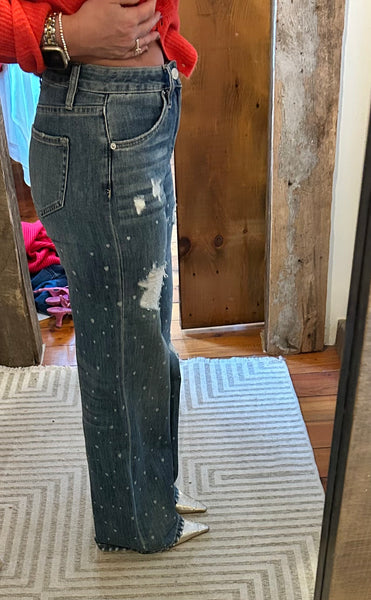 HR Wide Leg Denim with Heart Print - The Green Shelf Boutique