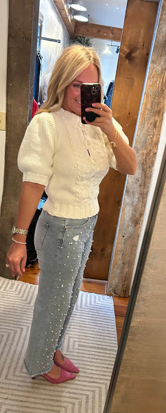 Puff Sleeve Cable Knit Sweater - The Green Shelf Boutique