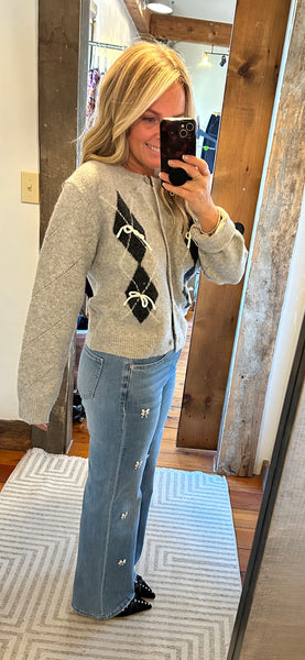 Diamond Print Bow Cardigan