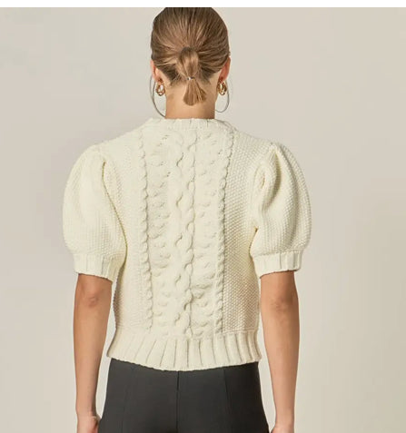 Puff Sleeve Cable Knit Sweater - The Green Shelf Boutique