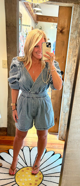 Denim Romper with Pleated Sleeves