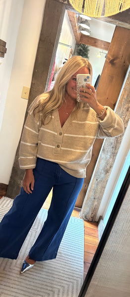 Oversized Deep V Neck Stripe Sweater