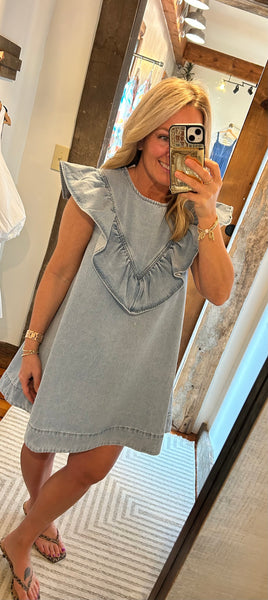 Ruffled Detail Denim Dress