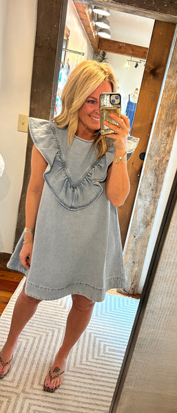 Ruffled Detail Denim Dress