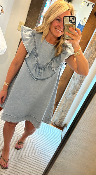 Ruffled Detail Denim Dress