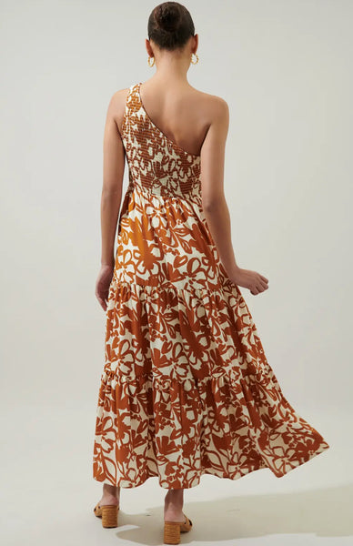 Caramel Floral One Shoulder Maxi Dress