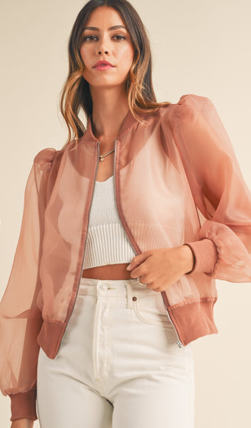 Puff Sleeve Sheer Bomber