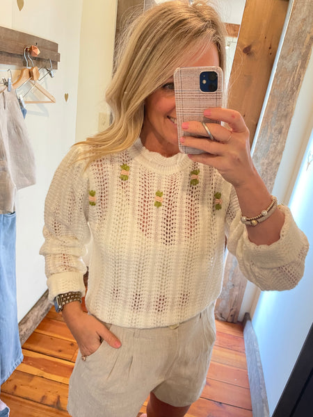 Floral Embroidered Pointelle Sweater