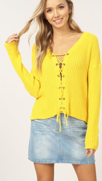 Ribbed Knit Lace Up Sweater - The Green Shelf Boutique