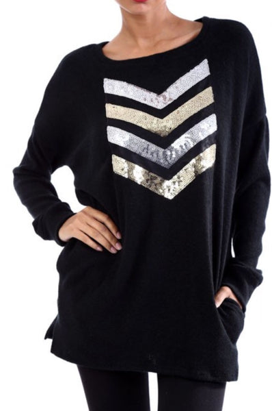 Chevron Sequined Long Sleeve Top - The Green Shelf Boutique