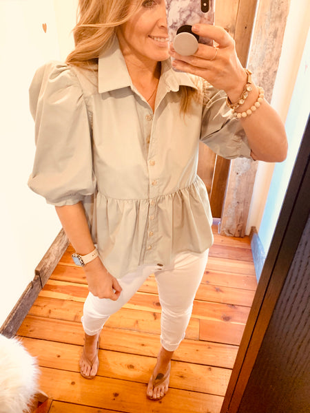 Poplin Button Down with Puff Sleeves